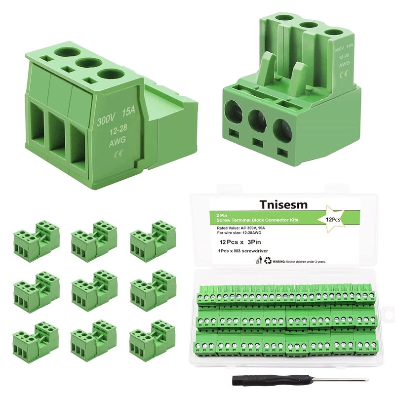 Tnisesm 12Pcs 3 Pin Screw Terminal Block Connector 5.08mm Pitch Pluggable with 3 Pin Phoenix Plug 300V 15A for 28-12AWG Cable - Image 1